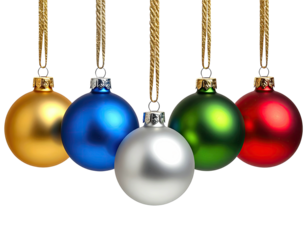 Five Christmas baubles in various colors hanging from gold ribbons