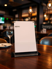 Fototapeta premium Label the empty menu holder at the bar restaurant with white paper inserts and tent card made of acrylic on a wooden table. Background of a blurred cafeteria allows for adding customer text.