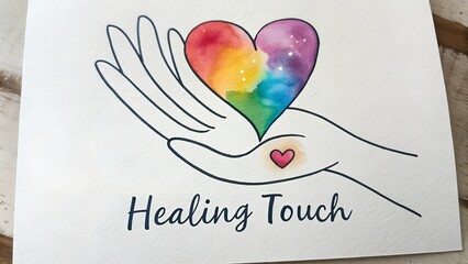 Watercolor Rainbow Heart Held in a Healing Hand Drawing