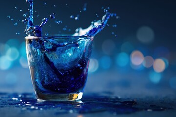Cobalt blue liquid pouring into glass cup, dramatic splash with suspended droplets, high contrast refraction for beverage ads, science visuals, and luxury product branding

