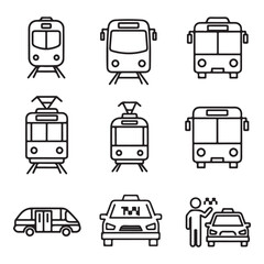 Set of public transportation related icons minimal flat graphic transport symbol silhouette vector transparent background.