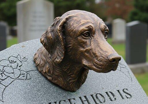 Touching tribute statue of loyal dog on a memorial gravestone in a cemetery showing respect and love