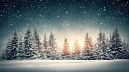 Christmas snowy pine forest at sunset with falling snow, serene winter landscape, copy space