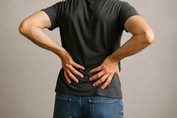 Man suffering from severe lower back pain, hands clutching his sore lumbar area. Chronic discomfort affects his daily life and work.
