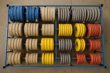 Colorful hoses neatly stored on a metal rack. Industrial equipment organized for efficiency.