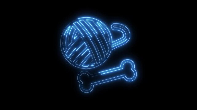 Blue neon glowing pet shop sign with yarn ball and bone on black background