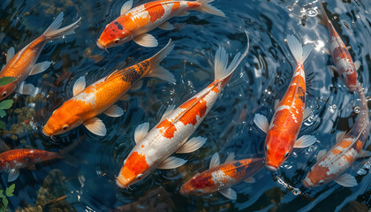 A vibrant group of koi fish swimming in a pond, creating ripples in the water