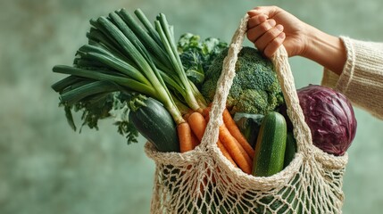 A hand grasps a netted bag brimming with colorful vegetables like carrots, broccoli, and leafy greens