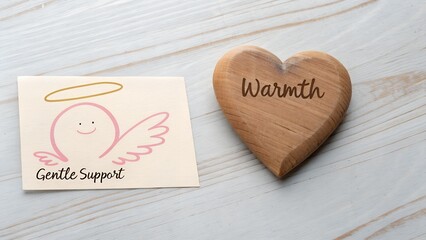 Wooden heart beside an angel card conveying support and warmth