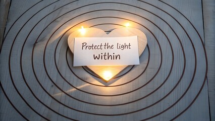 Wooden heart with a glowing message of light and protection