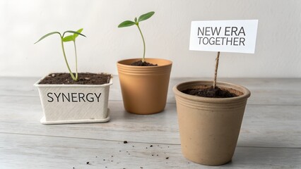 Young plants growing in pots with a message of new beginnings