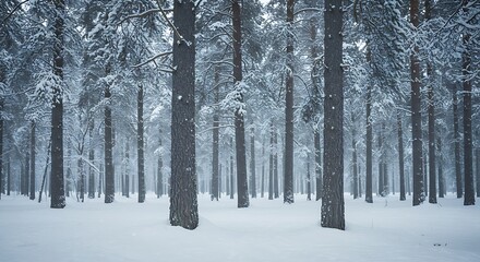 Fototapeta premium Serene winter wonderland: A snow-covered forest scene with tall trees and fresh snow