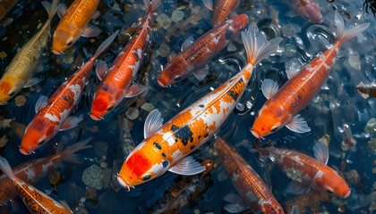 Koi fish swimming in a pond with clear water and coins on the bottom