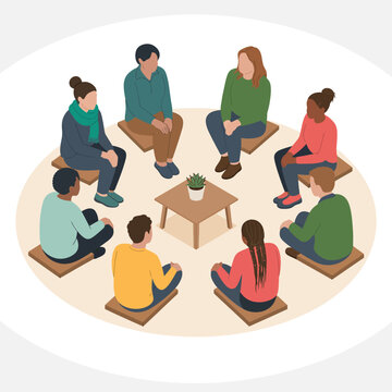 Diverse group of people sitting in a circle for a group therapy session graphic design
