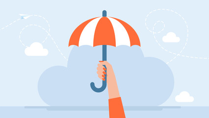 Female hand holding open umbrella. The concept of protection and insurance. Woman's safety. Flat cartoon style. Vector illustration. 