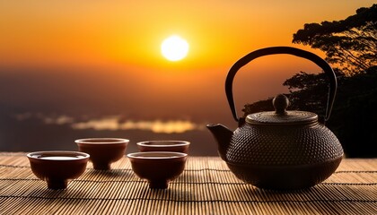 Sunset Tea Ceremony Pouring Tea Into Cups On A Bamboo Mat
