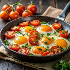 side view of fried eggs wit tomato in a pan