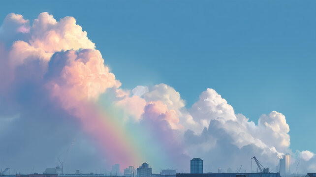 都市の空に現れた大きな虹
