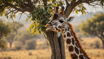 Giraffe eating leaves from a tree in the african savanna on a sunny day