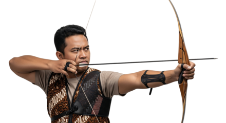 Focused Asian archer in a traditional batik vest aiming a wooden recurve bow with intense concentration.