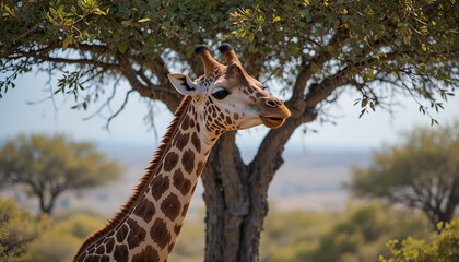 Giraffe grazes near a tree in the african savanna on a sunny day