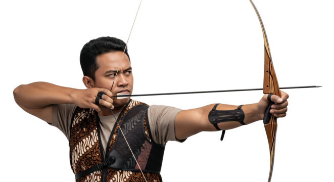 Focused Asian archer in a traditional batik vest aiming a wooden recurve bow with intense concentration.