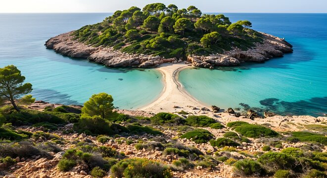 Spectacular view of Cala Agulla beach and Cala Molt? island on a sunny day in Mallorca Spain