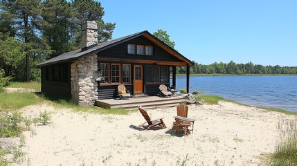 Scenic lakefront cabin retreat nestled amidst nature's tranquility with serene ambiance