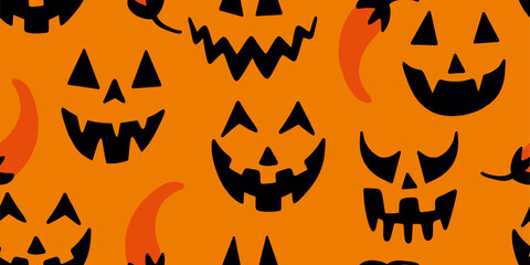 Halloween Jack-o'-Lantern Faces on Orange Pattern