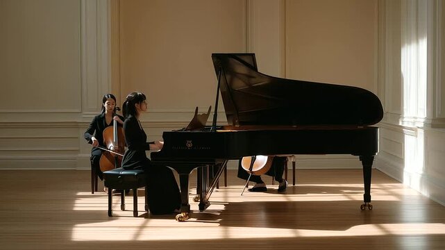 female pianist rehearsing with string quartet in bright rehearsal hall collaboration artistic synergy three quarter wide angle cinematic color correction gentle backlight clean