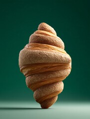 minimalistic croissant standing vertically on a green background