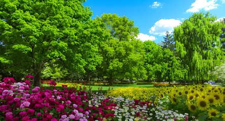 Vibrant Park Landscape with Lush Trees and Flowers