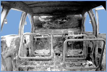 close up of burnt car interior debris pixelate grayscale color halftone dotted texture style collage element isolated on blue background