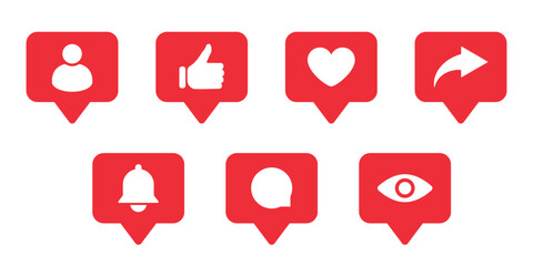Red social media icons set including like, heart, share, comment, follow, notification and view. Minimal flat illustration for online interaction, communication, engagement, feedback and community