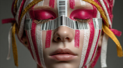 Barcode face. Woman's face with barcode. Dark background