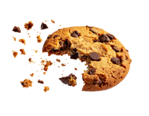 Partially eaten chocolate chip cookie with crumbs against a black background