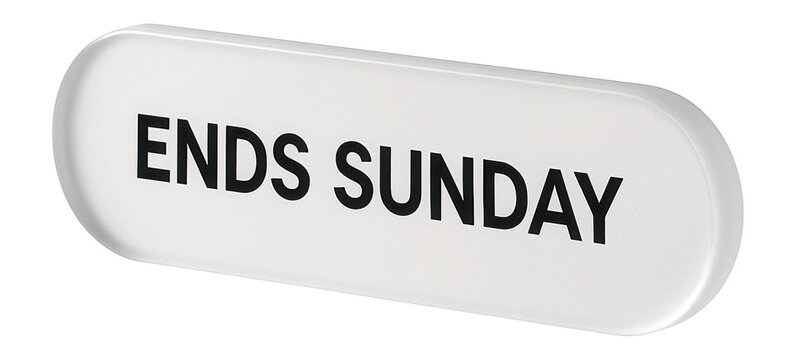 White tag sticker with ENDS SUNDAY text in bold, essential retail promo message on transparent background.