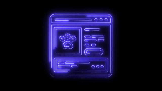 Neon style pet finder app interface with paw print isolated on black background