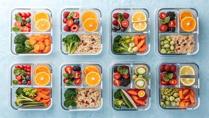 Healthy meal prep containers filled with colorful fruits vegetables and protein