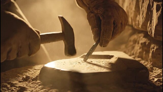 Showcases a craftsman chiseling stone with a hammer. Perfect for construction, masonry, craftsmanship, skilled labor, traditional trades, and historyinspired designs.