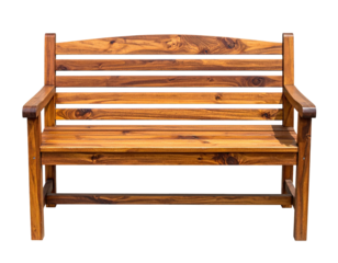 A wooden bench, polished to a warm, natural finish, isolated on a black backdrop