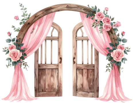 Watercolor illustration of a wooden archway, doors, roses, and draped pink fabric