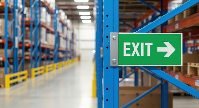 Green exit sign in warehouse interior, guiding emergency escape routes and workplace safety compliance.