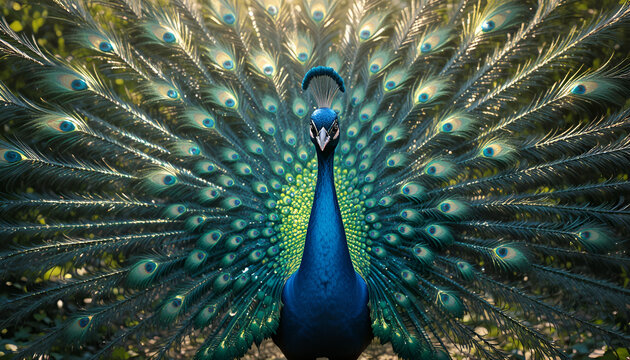 A majestic peacock fans its tail feathers, showcasing its vibrant colors and patterns - Powered by Adobe