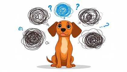 The Anxious Dog. An illustration of a small, nervous dog surrounded by multiple, overlapping, chaotic thought bubbles filled with simple, abstract worry symbols (scribbles, spirals, exclamation marks)