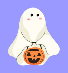 Cute Ghost Holding Pumpkin Treat Basket