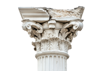 Ornate corinthian column capital with ram heads isolated on transparent background. Broken classical column isolated on white background.