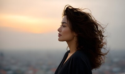 silhouette of a woman on a rooftop at blue hour, light rain haze, soft silver mist over a thinning city skyline