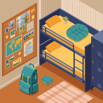 Dorm room with bunk beds, lockers, backpack, and a bulletin board with maps dormitory