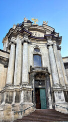 Historic baroque church and cathedral dome in central Lviv, Ukraine. Ancient architecture and religious landmark on Market Square